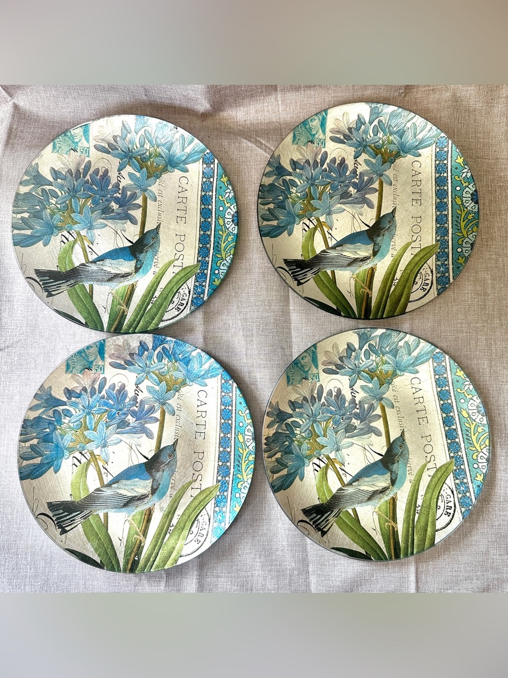 4x Pier 1 Imports Blue Bird Glass Silver Brushed Foil 8" Plates Set